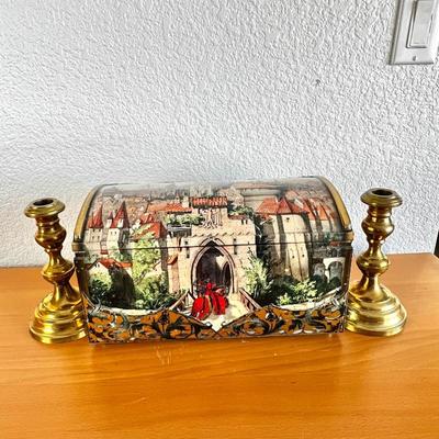 Vintage German Cookie/Biscuit Tin Chest Box & a Pair of Solid Brass Candle sticks.