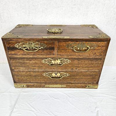 Antique Mahogany Jewelry Case with Brass Accents and 4 Velvet Lined DrawersÂ 