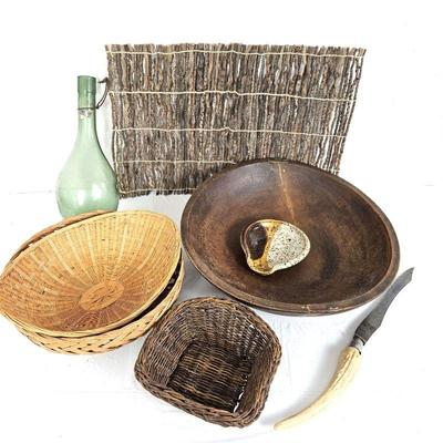  Lot of Vintage Kitchen Collectibles: Old Wood Large Bowl, Twig Placemat, Antique Round Bottom Bottle & More 