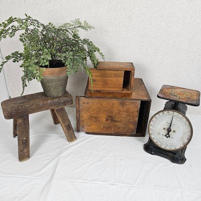  Lot of Primitive Rustic Collectibles and Decor - Antique Scale, Wooden Boxes, Wood Stool & Floral