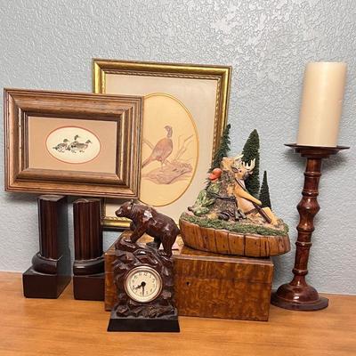 Nostalgic Collectibles - Vintage Artwork, Carved Bear Mantel Clock, Whimsical Hunter vs Deer Scene, and More
