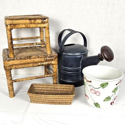 Set of Decor Items: Old Watering Can, Two Bamboo Stools, White Ceramic Planter & Small Wicker Basket 