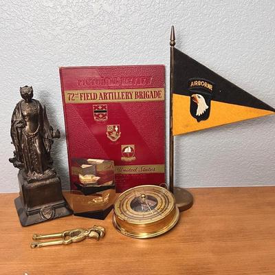 Militaria Collectibles Lot -W German Barometer, 72â€™ Brigade Book, Saint Barbara Statue, Airborne Flag & more