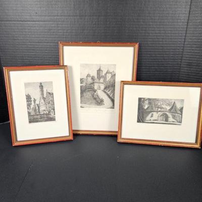 Three Pieces of Original Art - Etchings of Scenes in Germany - Signed By Artist (2) 8 x 10 &Â  (1) 10 x 13