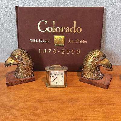 Colorado Themed Collector's Lot - Brass Eagle Bookends, Desk Clock & Colorado Photography Book