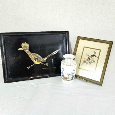  Vintage Couroc Roadrunner Bird Tray Inlaid with Wood Metal and Seashells, Plus Porcelain Vase & Bird Art