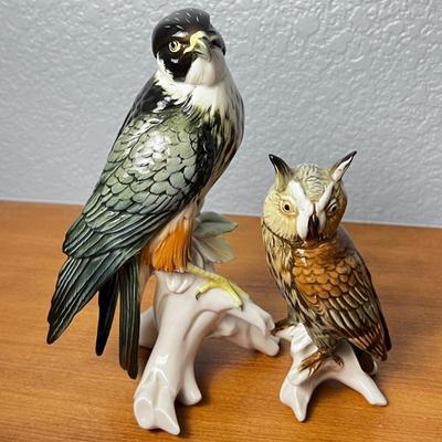 Antique Porcelain Karl Ens Statues- Rare German Eared Owl and Hauk Figurines