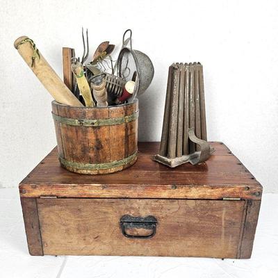  Lot of Primitive Decor - Large Wood Box w/ Door, Old Barrel Filled w/ Antique Utensils & Old Taper Candle Mold