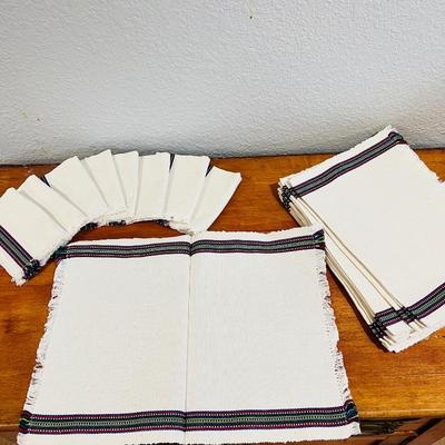 Handwoven Textile Collection - 8 Napkins and Placemats w/ Multicolor Stripe Accents