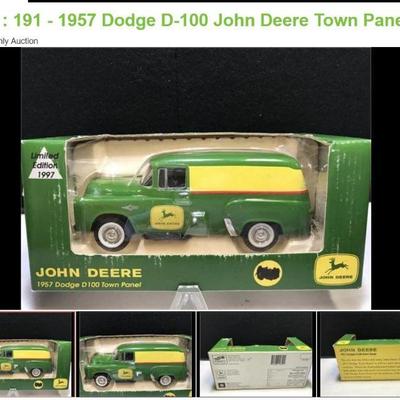 Lot # : 191 - 1957 Dodge D-100 John Deere Town Panel
1:25 scale, Circa 1997 and Die cast metal bank replica of 1957 Dodge D-100 Town...