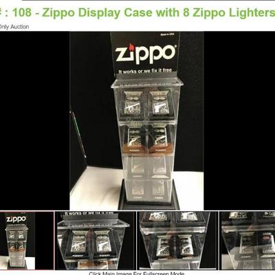 Lot # : 108 - Zippo Display Case with 8 Zippo Lighters
7 Colt/Case Zippo Lighters with the image of a Colt iconic firearm (there is Case...