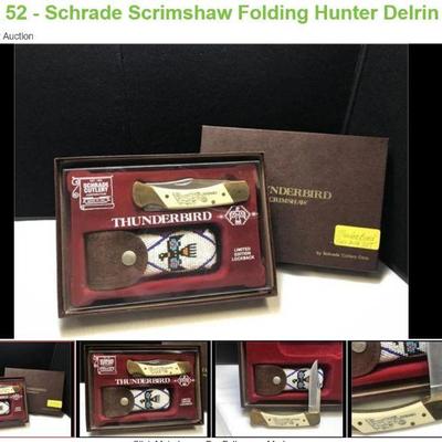 Lot # : 52 - Schrade Scrimshaw Folding Hunter Delrin Handle
Schrade USA Scrimshaw signed by Artist Thunderbird #4366 Measures: 5 1/4