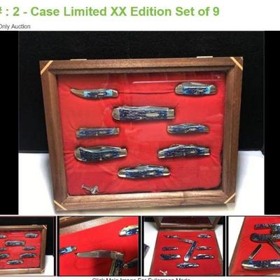 Lot # : 2 - Case Limited XX Edition Set of 9
Case XX Blades: etched Limited XX Edition 1 of 3000 Badge: Bomb CASE Box: original boxes for...