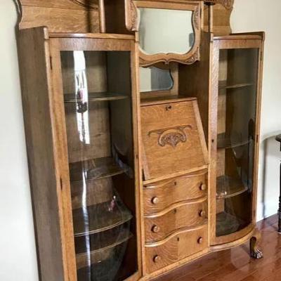 Antique Double Side by Side Bowed Glass Oak Secretary 