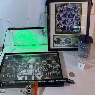 Seattle Seahawks Detroit And Arizona Framed Superbowl Memorabilia * Lanyards * Lighted Signs * L Shirt & Cup
