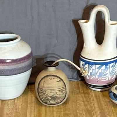 4 Pieces Of Pottery * Stonewear Candle * 2 Vases * Oil Lamp
