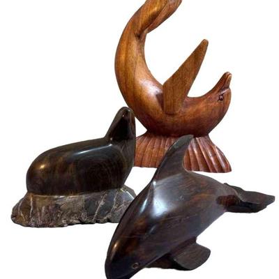 Decorative Wooden Dolphins And A Seal
