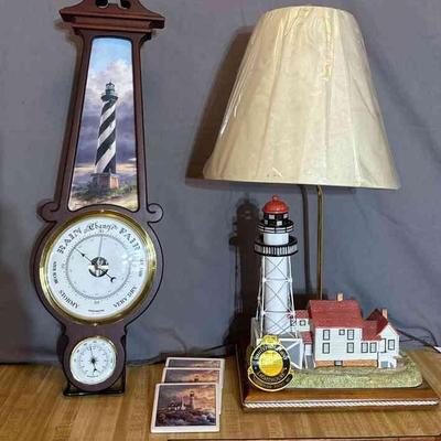 Lighthouse Theme Decor *Whitefish Point Lamp * Cape Hatteras Weather Station Wall Barometer * 4 Coasters
