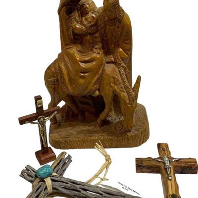 Holy Family Wooden Sculpture * 3 Decorative Crucifixes *

