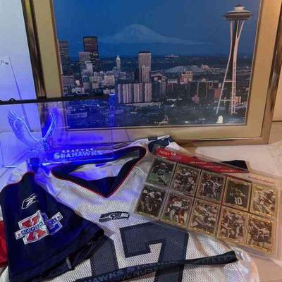Seattle Seahawks Shawn Alexander Jersey * Framed Kingdom City Scape * Lighted Sign * 1990 Player Cards
