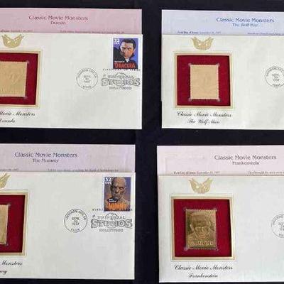 US Postal Commerative Society First Day Issue * 22K Gold Plated Stamps * Classic Movie Monsters * Dracula, The Wolfman, The Mummy,...