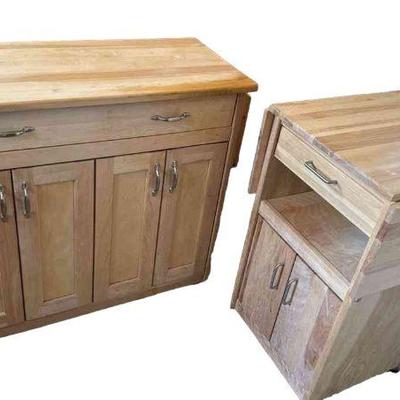2 Matching Butcher Block Type Kitchen Carts * Space Savers * Lazy Susan * 2 Drawer Organizers * Collapsible Work Surface
