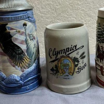 4 Collectable Beer Steins * Statue Of Liberty * Budweiser Beer * Olympia Beer
