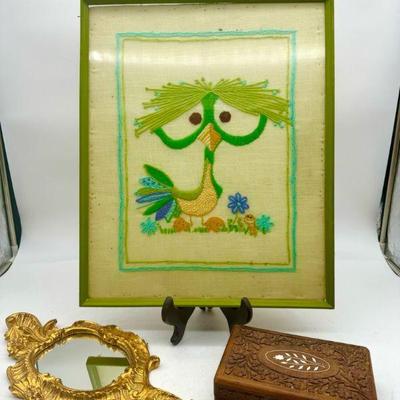 Bird Embroidery, Syroco Style Mirror & Carved Wooden Box
