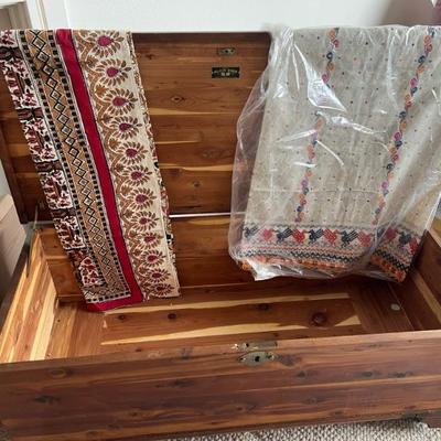 Cedar chest & tablecloths