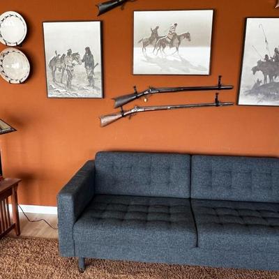 antique rifles, western wall art, sectional sofa with chaise lounge chair