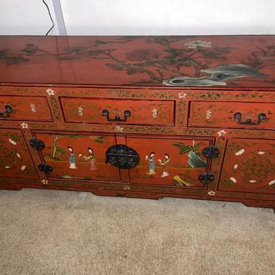Vintage Chinese Ornate Hand Painted Credenza Chinese painted ornate Cabinet Decorated On Front, Top And Sides 