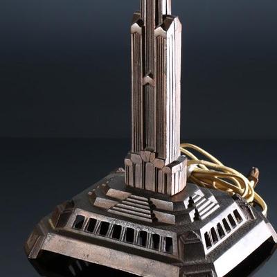 1930s Antique Art Deco JJ Braze Co NYC Bronze Cast Iron Empire State Building Skyscraper Lamp with Mica Shade J.J.	Lamp:...