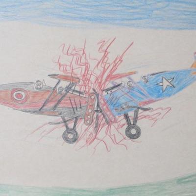 *Original* Folk Art Dwight Joe Bell Planes Crashing Crayon on Paper Painting 	Frame: 15.5x21.5in	196015
