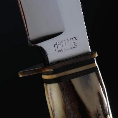 Hoffritz NY Vintage Bowie Knife Stag Handle With Sheath Made in Germany 	Knife: 9.1in Blade: 5.15in<BR>In Sheath: 9.45in	199034
