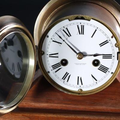 Antique Waterbury Brass Ship Clock on Base Nautical Marine	Clock Bezel: 5.5in<BR>Total: 7.75x9x4.5in	199016
