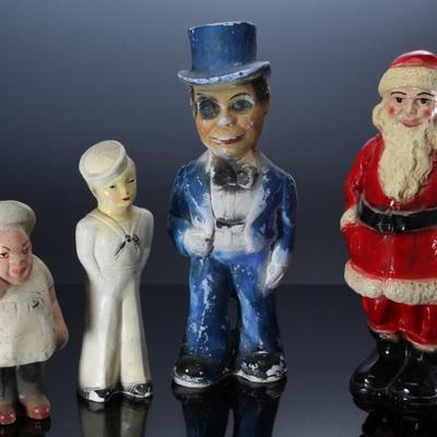 Lot of 4 Vintage Carnival Chalkware Figure Statues - Charlie McCarthy - Santa Clause - Chef - Sailor 	Charlie 15x6x5 in Santa 14x6x6 in...