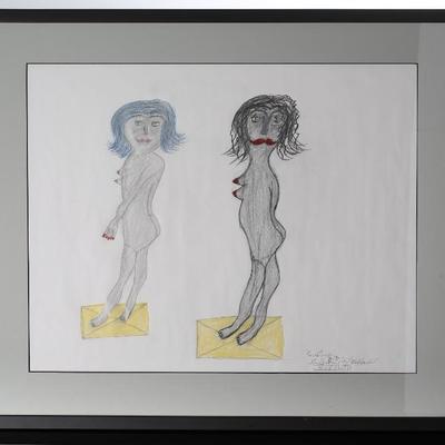 *Original* Folk Art GC DePrie â€œCreativeâ€ Colored Pencil Painting 2 Nude Ladies Gerald 	Image: 17.5x21.75in<BR>Frame: 23.75x28.15x1in...