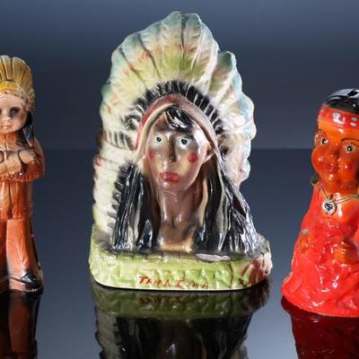 Lot of 3 Vintage Native American Indian Carnival Chalkware Figure Statues 	Tamaiowa 9.5x7x4.5 in - Indian girl 8x5x5 in - Indian boy...