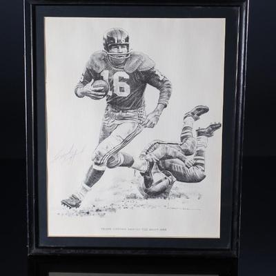*Signed* Frank Gifford NFL Robert Riger Around The Right Side Print Autograph Football New York Giants 	Frame: 14.75x11.75x0.5in	199010
