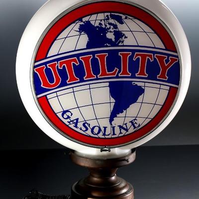 Vintage Utility Gasoline Gas Pump Two-Lens Gill-Bodied Globe In Milk Glass on Light Base	On Light Base: 20.5x16x6.5in <BR>Globe:...