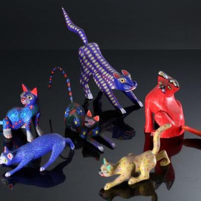 Lot of 6 Vintage Cats/Tigers/Animals Mexican Folk Art Oaxaca Wood Carving		196214
