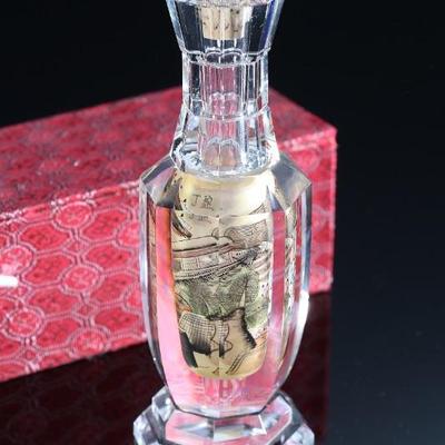 Antique Chinese Reverse Hand Painted Crystal Vase Bottle With Original Box - Signed J - â€œVillage Sceneâ€ With Original Box	3 x 7.5 x 3...
