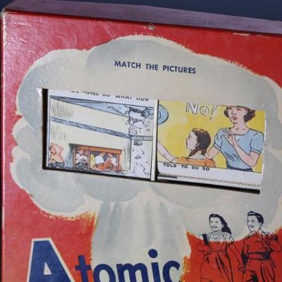 Rare 1950’s Children’s ABC Atomic Bombing Care by Joe Fredriksson Toy & Game MFG  	1.25x 7 (8in/knobs) x10.5in	196050

