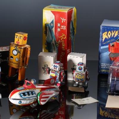 Lot of 6 Vintage Wind-Up Tin Litho Toys in Box - Spark Robot - Schylling Limited Edition Rover the Space Dog - Rocket Racer - Robot...