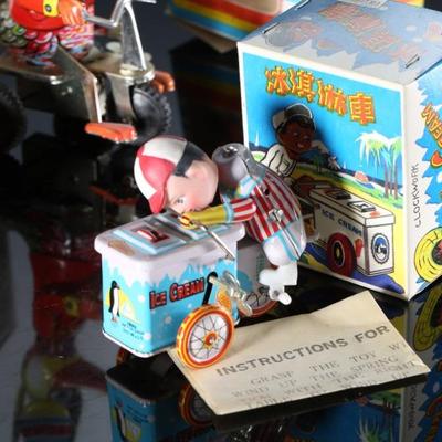 Lot of 7 Vintage Wind-Up Tin Litho Toys in Box - Schylling Graf Zeppelin - Flying Lion Racing Car - Clockwork Motorcycle with Sidecar -...