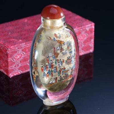 Antique Chinese Reverse Hand Painted Glass Snuff Bottle - Double Sided â€œVillage Sceneâ€ With Original Box	2 x 5.5 x 3.5 in	198012
