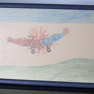 *Original* Folk Art Dwight Joe Bell Planes Crashing Crayon on Paper Painting 	Frame: 15.5x21.5in	196015

