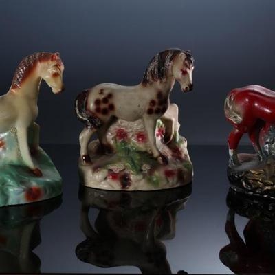 Lot of 3 Vintage Carnival Chalkware Horse Figure Statues 	Tan horse 10x8x4 in  Red horse 10x8x3.5 in Spotted horse 10x8x4 in 	198048
