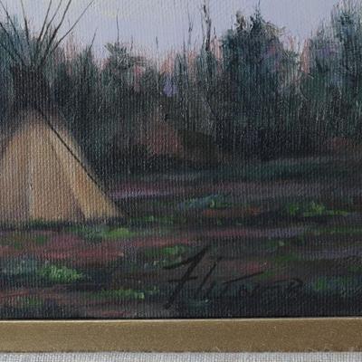 *Original* David Flitner Native American Indian Camp Oil on Canvas Painting Teepee Landscape  	Canvas: 16x8in Frame: 17.5x25.75x2.75in...