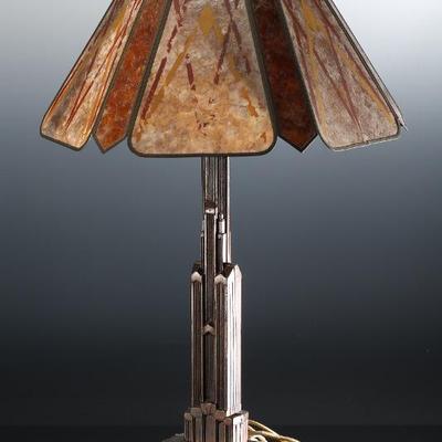 1930s Antique Art Deco JJ Braze Co NYC Bronze Cast Iron Empire State Building Skyscraper Lamp with Mica Shade J.J.	Lamp:...